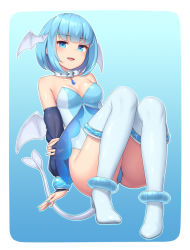 Rule 34 | 1girl, bare shoulders, blue background, blue eyes, blue hair, blunt bangs, blush, boots, breasts, bridal gauntlets, cleavage, collar, collarbone, elbow gloves, gloves, head wings, high heel boots, high heels, highres, leotard, looking at viewer, medium breasts, nail polish, open mouth, original, sasaame, short hair, solo, strapless, strapless leotard, tail, thigh boots, thighhighs, wings