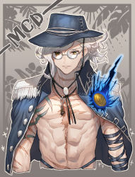 Rule 34 | 1boy, bad id, bad pixiv id, bade, black fire, brown eyes, edmond dantes (fate), edmond dantes (monte cristo selection) (fate), epaulettes, fate/grand order, fate (series), fedora, fire, glasses, hat, highres, jacket, jacket on shoulders, male focus, none (kameko227), scar, solo, tattoo, white hair, yellow eyes