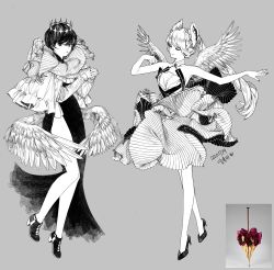 Rule 34 | 2girls, bare arms, bare shoulders, capelet, closed eyes, dancing, dated, dress, feathered wings, frills, full body, greyscale, hair around ear, halter dress, halterneck, hand up, hands up, high heels, korean commentary, korean text, lemon89h, long dress, long sleeves, looking at viewer, low wings, monochrome, multiple girls, multiple wings, original, outstretched arm, own hands together, pointy ears, ponytail, reference inset, scarf, short dress, short hair, side slit, simple background, sleeveless, sleeveless dress, smile, standing, stiletto heels, tiara, wing hair ornament, wings