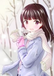 Rule 34 | 1girl, arms up, bare tree, black hair, blue coat, blurry, breath, checkered gloves, coat, cold, commentary request, day, depth of field, from side, gloves, highres, long hair, looking at viewer, open clothes, open coat, open mouth, original, outdoors, own hands together, pietoro, pink gloves, pink sweater, purple eyes, scarf, snowing, solo, sweater, teeth, tree, upper body, upper teeth only, white scarf, wind, wind lift, winter