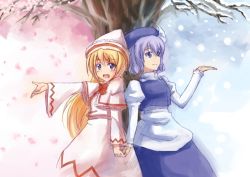 Rule 34 | 2girls, apron, arm up, bad id, bad pixiv id, blonde hair, blue eyes, capelet, cherry blossoms, dress, female focus, holding hands, hat, leaning back, letty whiterock, lily white, long hair, multiple girls, open mouth, petals, pink dress, purple hair, season connection, shirt, short hair, skirt, smile, snow, snowing, spring (season), touhou, tree, vest, winter, yuki shizuku