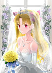 Rule 34 | 1girl, backlighting, bare shoulders, blonde hair, blush, bouquet, breasts, bridal veil, cleavage, collarbone, dress, earrings, elbow gloves, ereshkigal (fate), fate/grand order, fate (series), flower, gloves, hoop earrings, infinity symbol, jewelry, long hair, looking at viewer, medium breasts, necklace, open mouth, parted bangs, pendant, red eyes, shirotsumekusa, tiara, two side up, veil, wedding dress, white dress, white gloves, window