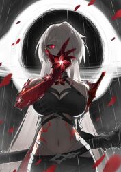Rule 34 | 1girl, acheron (honkai: star rail), arm up, black choker, black gloves, black hole, black shorts, blood, bloody tears, body markings, breasts, choker, cleavage, detached sleeves, falling petals, flower, gloves, hair over one eye, hand on own face, highres, holding, holding sword, holding weapon, honkai: star rail, honkai (series), large breasts, lempika, long hair, midriff, navel, petals, rain, red eyes, red flower, scabbard, sheath, sheathed, short shorts, shorts, single bare shoulder, solo, stomach, sword, weapon, white hair