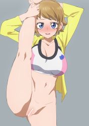 Rule 34 | 1girl, absurdres, bar censor, blue eyes, bottomless, breasts, brown hair, censored, cleavage, grey background, gundam, gundam build fighters, highres, hoshino fumina, huge filesize, large breasts, leg up, looking at viewer, navel, oimanji, open mouth, pussy, short hair, simple background, solo, split, sports bra, standing, standing on one leg, standing split, two-tone sports bra