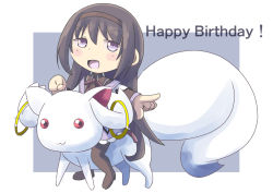 Rule 34 | 10s, 1girl, :3, :d, akemi homura, bad id, bad pixiv id, black hair, black pantyhose, blush, chibi, english text, hairband, happy birthday, kyubey, long hair, looking at viewer, magical girl, mahou shoujo madoka magica, mahou shoujo madoka magica (anime), mini person, minigirl, naruse mai, open mouth, outstretched arm, pantyhose, pointing, purple eyes, ribbon, riding, simple background, skirt, smile, solo, text focus