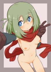 Rule 34 | 1girl, absurdres, blue eyes, blush, border, borrowed character, breasts, bright pupils, detached sleeves, female focus, gloves, green hair, grey border, highres, looking at viewer, luke (b10a3123m), naked scarf, navel, nipples, nude, original, red scarf, scarf, selfie, small breasts, solo, thigh gap, white pupils, yunomiya agari