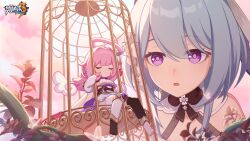 Rule 34 | 2girls, :o, annoyed, birdcage, black thighhighs, blue hair, cage, chinese commentary, closed eyes, closed mouth, elf, elf elysia, furrowed brow, griseo, griseo (starry impression), hair between eyes, halo, highres, honkai (series), honkai impact 3rd, logo, looking at another, medium hair, multiple girls, official art, official wallpaper, pink hair, plant, pointy ears, purple eyes, sitting, thighhighs, white thighhighs, wings