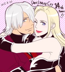 Rule 34 | 1boy, 1girl, blonde hair, breasts, choker, couple, dante (devil may cry), devil may cry (series), happy, hetero, hug, leather, looking at another, one eye closed, trish (devil may cry), wink