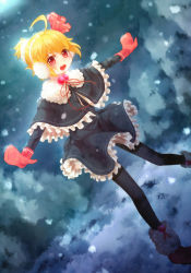 Rule 34 | 1girl, ahoge, alternate hairstyle, black pantyhose, blonde hair, capelet, earmuffs, embodiment of scarlet devil, female focus, frills, highres, mittens, open mouth, outstretched arms, pantyhose, ponytail, rumia, sakuyabm, short hair, snow, solo, spread arms, touhou, winter clothes