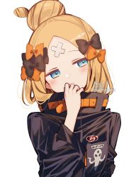 Rule 34 | 1girl, abigail williams (fate), abigail williams (traveling outfit) (fate), absurdres, bandaid, bandaid on face, bandaid on forehead, belt, black bow, black jacket, blonde hair, blue eyes, bow, crossed bandaids, fate/grand order, fate (series), hair bow, hair bun, head tilt, heroic spirit traveling outfit, high collar, highres, jacket, long hair, multiple bows, official alternate costume, orange belt, orange bow, parted bangs, signature, simple background, single hair bun, sofra, solo, twitter username, white background