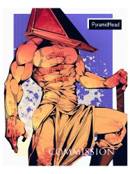 Rule 34 | 1boy, absurdres, alternate costume, aooao (samportgas), bara, bare arms, blood, commission, feet out of frame, helmet, highres, knee up, male focus, muscular, muscular male, pectorals, pelvic curtain, planted, pyramid head, sidepec, silent hill (series), silent hill 2, sleeveless, solo, thighs