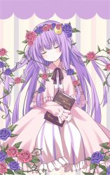 Rule 34 | 1girl, black ribbon, blue flower, blue rose, blush, book, capelet, crescent, crescent hair ornament, dress, english text, flower, frilled dress, frills, hair flower, hair ornament, head tilt, head wreath, holding, holding book, kure~pu, long hair, long sleeves, neck ribbon, no headwear, pajamas, parted lips, patchouli knowledge, puffy long sleeves, puffy sleeves, purple hair, red flower, red rose, ribbon, rose, sidelocks, sleeping, sleeping beauty, solo, striped background, striped clothes, striped dress, thorns, touhou, vertical-striped clothes, vertical-striped dress, very long hair
