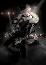 Rule 34 | 10s, 1boy, bandaged arm, bandages, belt, belt buckle, black footwear, black gloves, black hat, black jacket, black nails, black pants, black theme, boots, brown eyes, buckle, coin (ornament), collar, cropped jacket, cross-laced footwear, earrings, electric guitar, ensemble stars!, fingerless gloves, flower, fringe trim, fur trim, gloves, grey hair, guitar, hair between eyes, hand on own hip, hat, holding, holding instrument, holding microphone, instrument, jacket, jewelry, lace-up boots, leg up, light particles, long sleeves, looking at viewer, male focus, microphone, microphone stand, music, nail polish, ogami koga, open clothes, open jacket, pale skin, pants, peaked cap, petals, red flower, red rose, rose, shoe soles, singing, smoke, solo, spiked collar, spikes, stage lights, standing, standing on one leg, stud earrings, studded bracelet, undead (ensemble stars!), v, v-neck, white-corner, yellow eyes