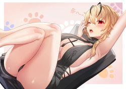 Rule 34 | 1girl, absurdres, arm up, armpits, ass, black hair, black panties, black sweater, blonde hair, blush, border, breasts, chair, cleavage, covered erect nipples, deogho (liujinzy9854), hair between eyes, highres, korean commentary, large breasts, looking at viewer, meme attire, multicolored hair, one eye closed, open mouth, original, over shoulder, panties, paw print, paw print background, red eyes, simple background, sitting, solo, squeans, streaked hair, sweater, thighs, two-tone hair, underwear, virgin killer sweater, yawning