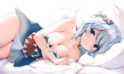 Rule 34 | 1girl, absurdres, alternate breast size, bed sheet, blue dress, blue eyes, blush, breasts, cleavage, closed mouth, collarbone, dress, fang, fang out, gawr gura, guppy-sunstrider, hair ornament, highres, hololive, hololive english, looking at viewer, lying, medium breasts, on bed, on side, one side up, panties, pantyshot, pillow, short dress, short hair, silver hair, simple background, smile, solo, strapless, strapless dress, underwear, virtual youtuber, white background, white panties