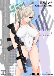 1girl absurdres animal_ear_fluff animal_ears assault_rifle bcm_mcmr blonde_hair blue_archive blue_eyes blue_halo breasts character_name competition_swimsuit covered_navel dog_ears dog_girl emblem extra_ears feet_out_of_frame gun hair_over_one_eye halo highleg highleg_one-piece_swimsuit highres kanna_(blue_archive) kanna_(swimsuit)_(blue_archive) large_breasts logo long_hair looking_at_viewer mikoonnn notched_ear official_alternate_costume one-piece_swimsuit ponytail rifle solo standing swimsuit weapon white_one-piece_swimsuit