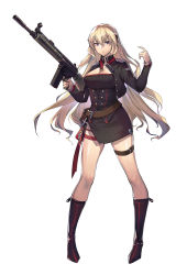 Rule 34 | 1girl, absurdres, battle rifle, belt, black footwear, black jacket, blonde hair, boots, breasts, brown belt, cleavage, commission, cross, cross necklace, g3 (girls&#039; frontline), girls&#039; frontline, gun, h&amp;k g3, hand up, highres, holding, holding weapon, jacket, jewelry, legs, long hair, looking at viewer, medium breasts, necklace, pixiv commission, purple eyes, rifle, slmsxiaodu, solo, standing, uniform, weapon, white background