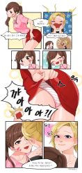 Rule 34 | 2girls, absurdres, bad id, bad twitter id, blonde hair, blue eyes, blush, brown eyes, brown hair, chiyak c, clothes lift, comic, d.va (overwatch), face-to-face, facial mark, highres, korean text, mercy (overwatch), miniskirt, multiple girls, open mouth, overwatch, overwatch 1, panties, skirt, skirt lift, underwear, whisker markings, yuri