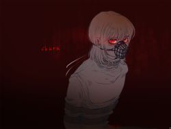 Rule 34 | aged up, androgynous, artist name, chara (undertale), character name, collar, gender request, gradient background, minunnu, muzzle, red background, red eyes, restrained, scar, solo, spoilers, spot color, straitjacket, twitter username, undertale, upper body