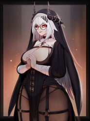 Rule 34 | 1girl, alternate costume, arknights, bespectacled, black-framed eyewear, black border, black bra, black dress, border, bra, breasts, bright pupils, brown pantyhose, cleavage, closed mouth, dress, glasses, habit, hair ornament, highres, horns, horns through headwear, kinohara kossuta, large breasts, light particles, lips, lipstick, long hair, long sleeves, looking at viewer, makeup, mudrock (arknights), nun, o-ring, outside border, own hands together, pantyhose, pelvic curtain, red eyes, round eyewear, skindentation, smile, solo, straddling, underwear, very long hair, white hair, wide hips