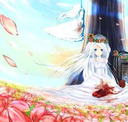 Rule 34 | 2girls, bad id, bad pixiv id, blood, blue eyes, bouquet, cafe au lait (kafeore), dress, flower, hanged, highres, long hair, long sleeves, multiple girls, original, petals, puffy sleeves, rose, shoes, smile, tombstone, tree, very long hair, white dress, white hair