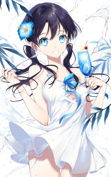 Rule 34 | 1girl, :d, absurdres, bare arms, bare shoulders, black hair, blue bow, blue eyes, blue flower, bow, breasts, cherry, commentary request, cup, dress, flower, food, fruit, hair between eyes, hair flower, hair ornament, highres, holding, holding cup, holding spoon, ice cream, ice cream float, long hair, looking at viewer, medium breasts, open mouth, original, panties, pleated dress, side-tie panties, sleeveless, sleeveless dress, smile, sogawa, solo, spoon, twintails, underwear, water, water drop, wet, white background, white dress, white panties