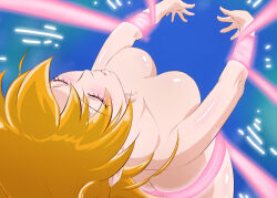 Rule 34 | 1girl, ass, blue background, breasts, brown hair, butt crack, closed eyes, fresh precure!, fuchi (nightmare), henshin, large breasts, long hair, momozono love, precure, solo
