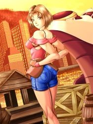 Rule 34 | 1girl, absurdres, ass, bare shoulders, breasts, brown eyes, brown hair, city, dead phoenix, denim, denim shorts, double dragon, gloves, hands on own hips, highres, large breasts, legs, looking at viewer, looking back, marian kelly, parted lips, shiny clothes, shiny skin, shirt, short hair, short shorts, shorts, sideboob, smile, solo
