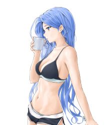 Rule 34 | 1girl, artist name, bare arms, bare shoulders, black bra, black shorts, blue eyes, blue hair, bra, breasts, chaesu, cleavage, coffee mug, cup, dolphin shorts, drink, from side, gradient eyes, hand up, highres, holding, holding cup, holding drink, long hair, looking to the side, medium breasts, micro shorts, bae minah (chaesu), mug, multicolored eyes, navel, original, panties, parted lips, profile, shorts, simple background, solo, spaghetti strap, sports bra, stomach, symbol-only commentary, underwear, white background