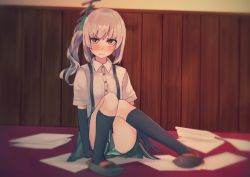 Rule 34 | &gt;:(, 10s, 1girl, black gloves, black socks, blunt bangs, blush, brown eyes, collared shirt, comrade stalin, elbow gloves, frown, gloves, grey skirt, hair ornament, kantai collection, kasumi (kancolle), kneehighs, knees together feet apart, looking at viewer, panties, pantyshot, pleated skirt, school uniform, shirt, side ponytail, silver hair, sitting, skirt, socks, solo, striped clothes, striped panties, suspenders, underwear, v-shaped eyebrows