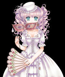 Rule 34 | 1girl, black background, collarbone, corset, curly hair, dress, folding fan, green eyes, hand fan, hat, holding, kazumi, looking at viewer, mask, pink hair, plastic moon, puffy short sleeves, puffy sleeves, short sleeves, simple background, solo, twintails, white dress