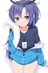 Rule 34 | 1girl, :o, black shirt, blue archive, blue eyes, blue jacket, blush, breasts, commentary request, facial mark, gym uniform, halo, hand up, highres, holding, holding towel, jacket, lanyard, long hair, long sleeves, looking at viewer, medium breasts, off shoulder, parted bangs, parted lips, ponytail, purple hair, shadow, shirt, short sleeves, simple background, sitting, sleeves past wrists, solo, star (symbol), swon (joy200892), towel, track jacket, very long hair, white background, yuuka (blue archive), yuuka (track) (blue archive)