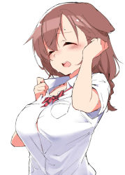 Rule 34 | 1girl, animal ears, blush, bone hair ornament, bow, bowtie, bra strap, braid, breasts, brown hair, closed eyes, commentary, dog ears, dog girl, hair ornament, hololive, inugami korone, large breasts, long hair, loose bowtie, open mouth, school uniform, shirt, solo, sweat, terazip, virtual youtuber, white shirt