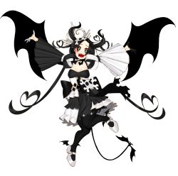 Rule 34 | 1girl, ankle wings, asymmetrical gloves, black bow, black bowtie, black eyes, black gloves, black hair, black pantyhose, black wings, bow, bowtie, breasts, cleavage, commentary request, demon girl, demon horns, demon wings, dress, frilled sleeves, frills, full body, gloves, half gloves, headdress, heart, highres, horns, kafuka (gunzinkafuka), long hair, mary janes, medium breasts, mismatched gloves, open mouth, original, pantyhose, shoes, simple background, skull and crossbones, smile, solo, symbol-shaped pupils, virtual youtuber, white background, white footwear, white gloves, wide sleeves, wings