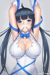 Rule 34 | 1girl, artist name, bad id, bad pixiv id, bare arms, bare shoulders, black hair, blue bow, blue bowtie, blue eyes, blue ribbon, blunt bangs, bow, bowtie, breasts, cleavage, cleavage cutout, clothing cutout, cowboy shot, dress, dungeon ni deai wo motomeru no wa machigatteiru darou ka, eyelashes, gradient background, grey background, hair ribbon, hestia (danmachi), large breasts, long hair, looking at viewer, mouth hold, patreon username, rei no himo, ribbon, sidelocks, sleeveless, sleeveless dress, solo, tagme, twintails, vanquice, white dress, white ribbon
