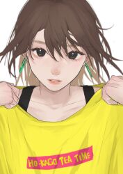 Rule 34 | 1girl, absurdres, black eyes, brown hair, collarbone, commentary request, earrings, highres, hirasawa yui, jewelry, k-on!, necosuna7l, realistic, shirt, simple background, solo, white background, yellow shirt