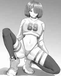Rule 34 | 1girl, arms at sides, black choker, black hair, breasts, choker, clothes writing, crop top, female focus, full body, gluteal fold, gradient background, grey background, greyscale, hair over one eye, highleg, highleg panties, highres, large breasts, long sleeves, looking at viewer, midriff, monochrome, navel, one eye covered, open mouth, original, panties, rev60, sexually suggestive, shadow, shoes, short hair, simple background, sketch, squatting, stomach, teeth, thighhighs, thong, underwear