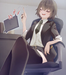 Rule 34 | 1girl, belt, black jacket, black nails, black thighhighs, brown hair, closed eyes, crossed legs, feet out of frame, flat chest, girls&#039; frontline, girls&#039; frontline 2: exilium, highres, jacket, legs, necktie, open mouth, scar, scar across eye, shirt, short hair, short necktie, sleeves rolled up, smile, solo, sopranino, thighhighs, ump45 (girls&#039; frontline), white shirt