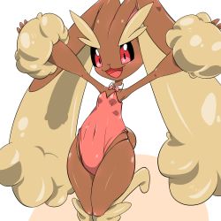 Rule 34 | 1girl, :3, animal nose, armpits, arms up, black sclera, blush, body fur, bow, bowtie, brown fur, clothed pokemon, colored sclera, covered navel, creatures (company), detached collar, female focus, flat chest, furry, furry female, game freak, gen 4 pokemon, happy, kazamidoririnn, knees together feet apart, leg up, leotard, lopunny, nintendo, open mouth, outstretched arms, pink bow, pink bowtie, pink leotard, playboy bunny, pokemon, pokemon (creature), rabbit ears, rabbit girl, rabbit tail, red eyes, shiny skin, simple background, smile, solo, spread arms, standing, standing on one leg, strapless, strapless leotard, two-tone fur, white background, yellow fur