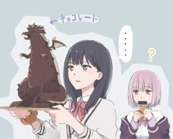 Rule 34 | ..., 2girls, ?, black hair, blue eyes, bow, bowtie, candy, cardigan, chocolate, chocolate bar, collared shirt, commentary request, confused, covered mouth, food, grey background, grey cardigan, gridman universe, holding, holding chocolate, holding food, holding tray, jacket, kaijuu, long hair, long sleeves, looking at object, lyy, multiple girls, off shoulder, parted lips, pink hair, pink neckwear, purple jacket, red eyes, red neckwear, scrunchie, sculpture, shinjou akane, shirt, short hair, spoken ellipsis, spoken question mark, ssss.gridman, takarada rikka, translated, tray, upper body, v-shaped eyebrows, white shirt, wrist scrunchie