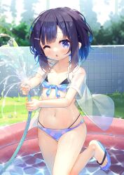 Rule 34 | 1girl, bikini, black bikini, blue bikini, blue nails, blunt bangs, blush, breasts, chestnut mouth, collarbone, commentary request, foot out of frame, front-tie bikini top, front-tie top, gochuumon wa usagi desu ka?, halterneck, highres, holding, holding hose, hose, leg up, multicolored bikini, multicolored clothes, navel, one eye closed, outdoors, parted lips, pink bikini, polka dot, polka dot bikini, purple eyes, purple hair, see-through, see-through shirt, short hair, short sleeves, slippers, small breasts, solo, standing, standing on one leg, swimsuit, taku michi, teeth, toes, upper teeth only, wading pool