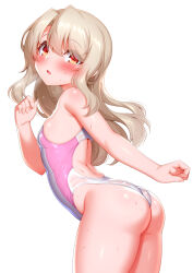 Rule 34 | 1girl, absurdres, ass, bare shoulders, blush, breasts, fate/kaleid liner prisma illya, fate (series), hair between eyes, highres, illyasviel von einzbern, long hair, looking at viewer, looking back, one-piece swimsuit, open mouth, pink one-piece swimsuit, red eyes, sidelocks, small breasts, solo, swimsuit, thighs, two-tone swimsuit, wedgie, wet, white hair, white one-piece swimsuit, zirba