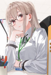 Rule 34 | 1girl, black-framed eyewear, black ribbon, blonde hair, breasts, brown eyes, chair, closed mouth, collared shirt, glasses, green ribbon, grey shirt, hand up, head rest, highres, id card, indoors, kfr, large breasts, long hair, long sleeves, looking at viewer, monitor, neck ribbon, original, pen, ponytail, red eyes, ribbon, shiny clothes, shirt, sitting, smile, solo, upper body, white shirt