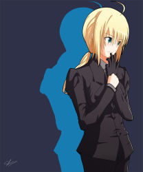 Rule 34 | aqua eyes, artoria pendragon (all), artoria pendragon (fate), bad id, bad pixiv id, blonde hair, fate/stay night, fate/zero, fate (series), formal, gloves, necktie, ponytail, saber (fate), shin (ryang), simple background, single glove, smile, solo, suit
