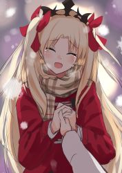 Rule 34 | 1girl, :d, blonde hair, bow, brown scarf, coat, crying, diadem, ereshkigal (fate), closed eyes, fate/grand order, fate (series), floating hair, hair bow, holding hands, head tilt, highres, igayan, long hair, long sleeves, open mouth, red bow, red coat, scarf, sketch, smile, snowing, tears, twintails, very long hair, winter clothes, winter coat