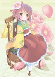 Rule 34 | 1girl, absurdres, blush, brown eyes, camellia, camellia print, chair, floral background, floral print, flower, frilled skirt, frills, hair flower, hair ornament, hieda no akyuu, highres, japanese clothes, long skirt, on chair, parted lips, pink flower, pop (electromagneticwave), purple hair, short hair, sitting, skirt, socks, solo, touhou, white socks