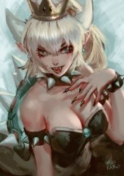 Rule 34 | 1girl, armlet, bare shoulders, black dress, black nails, blonde hair, blue eyes, borrowed design, bowsette, bracelet, breasts, cleavage, collar, collarbone, crown, dress, earrings, fingernails, hand on own chest, horns, jewelry, large breasts, looking at viewer, mario (series), nail polish, new super mario bros. u deluxe, nintendo, open mouth, ponytail, raikoart, sharp fingernails, sharp teeth, spiked bracelet, spiked collar, spikes, strapless, strapless dress, super crown, teeth, turtle shell