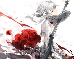 Rule 34 | 1girl, breasts, dress, floating hair, flower, from side, fukuda935, gloves, grey gloves, half-closed eyes, heart, long hair, looking to the side, medium breasts, parted lips, red flower, red rose, rose, sinoalice, snow white (sinoalice), solo, white dress, white hair, yellow eyes