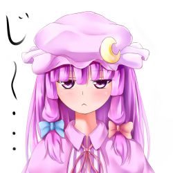 Rule 34 | ..., 1girl, :&lt;, bad id, bad pixiv id, bow, crescent, dress, female focus, hair bow, hat, highres, koruto21, patchouli knowledge, purple eyes, purple hair, ribbon, solo, touhou, upper body