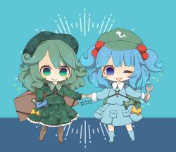 Rule 34 | 2girls, ;d, backpack, bag, blue eyes, blue hair, boots, chibi, dress, green eyes, grin, hair bobbles, hair ornament, hat, holding, holding wrench, kawashiro nitori, key, looking at viewer, multiple girls, one eye closed, open mouth, pocket, sharp teeth, skirt, smile, teeth, touhou, twintails, two side up, wrench, yaco (nuitnotte), yamashiro takane